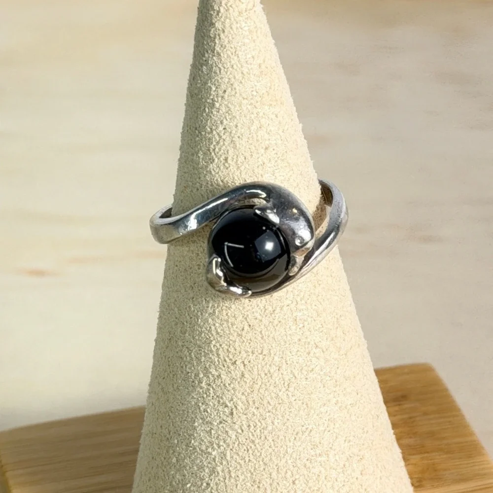 Sterling Silver Dolphin Ring Onyx Black Orb Bypass Minimalist 925 Statement
